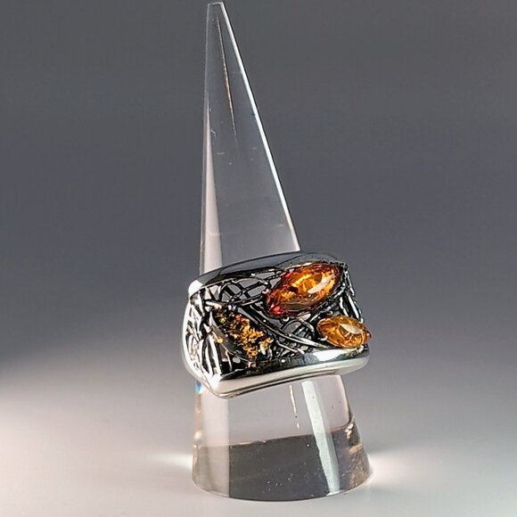 Sterling Silver Ring With Amber Gemstones & Unique Filigree Design - Picture 1 of 13